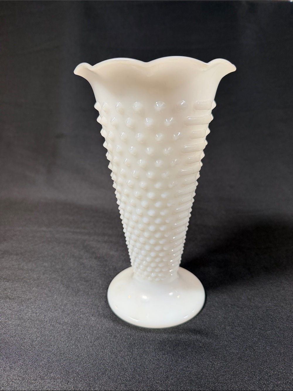 Vintage Fire King Hobnail Milk Glass Trumpet Vase with Scalloped Edge